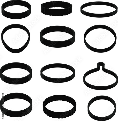 Collection of black rubber bands in various shapes and sizes on white background