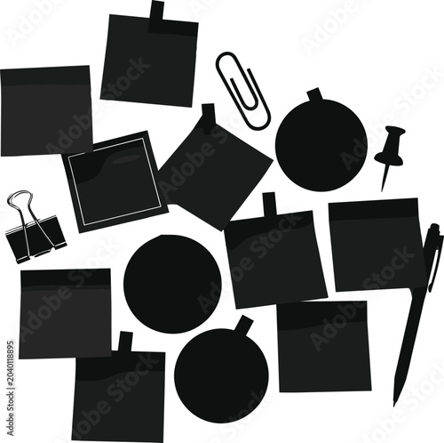 Collection of black sticky notes and office supplies on white background
