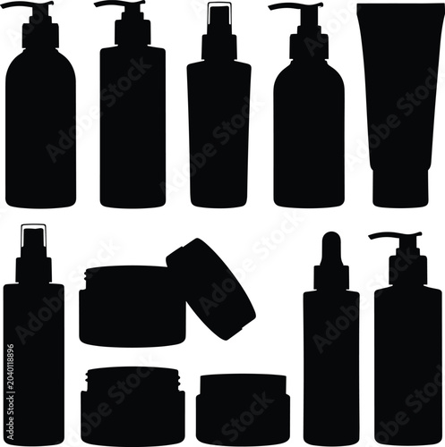 Collection of black silhouettes of various skincare product packaging and bottles