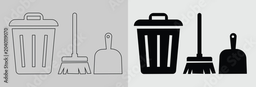 Commercial cleaning and waste management outline vector icon set