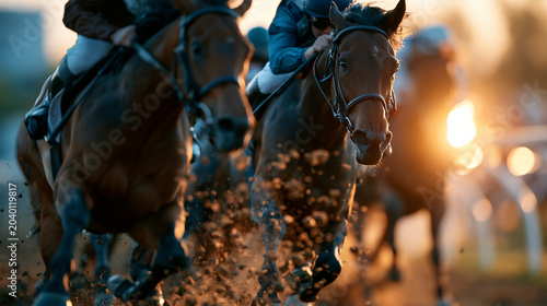 Dramatic horse racing at golden hour with powerful thoroughbreds charging forward, flying dirt and intense speed, elegant motion blur, photorealistic