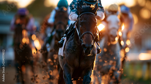 Dramatic horse racing at golden hour with powerful thoroughbreds charging forward, flying dirt and intense speed, elegant motion blur photorealistic