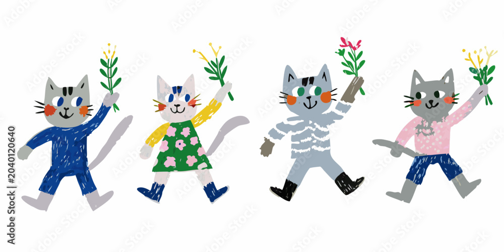 Fototapeta premium Anthropomorphic Cats Holding Branches Whimsical Vector Illustration On White Background