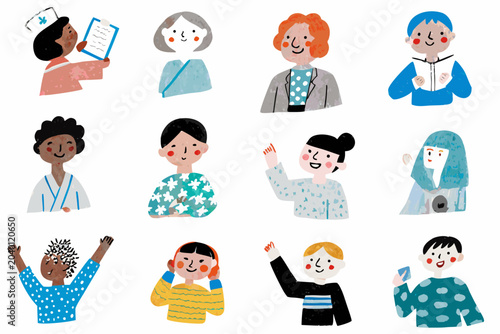 Diverse people illustrations with varied hairstyles and clothing vector style
