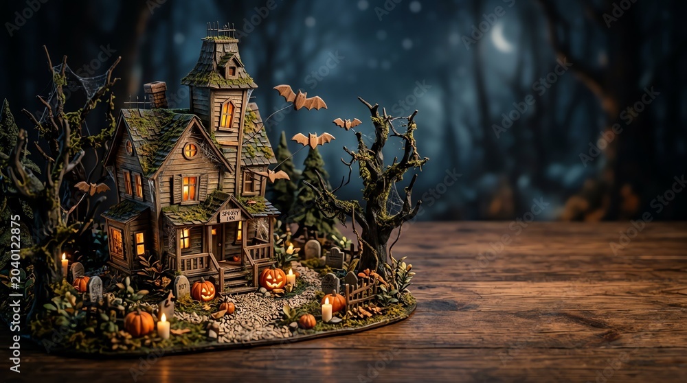 Obraz premium Miniature haunted house with glowing pumpkins and bats in a dark forest setting for Halloween decoration