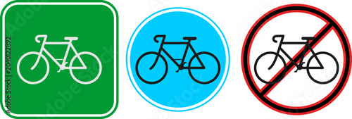 No bicycle parking or riding prohibited regulatory road sign icon set | Minimalist vintage bike path line art icons for urban navigation rules