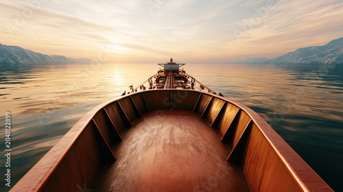 Bow view from a cargo ship at sunrise over calm water, ideal for maritime transport, logistics and journey concepts