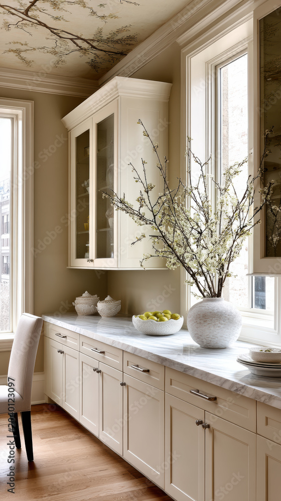 Fototapeta premium Elegant breakfast nook with cream cabinetry, marble countertop, large windows, wooden floor, and floral arrangement creates serene morning