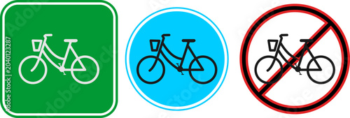 No bicycle parking or riding prohibited regulatory road sign icon set | Minimalist vintage bike path line art icons for urban navigation rules
