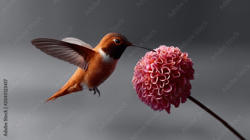 Fototapeta premium Side view of vibrant hummingbird hovering near pink dahlia flower, delicate wings in motion, soft gray background, nature beauty