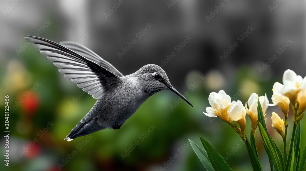 Fototapeta premium Hummingbird bird flower flying nature wildlife garden nectar colorful wing hovering outdoor spring green yellow white beak animal pollination