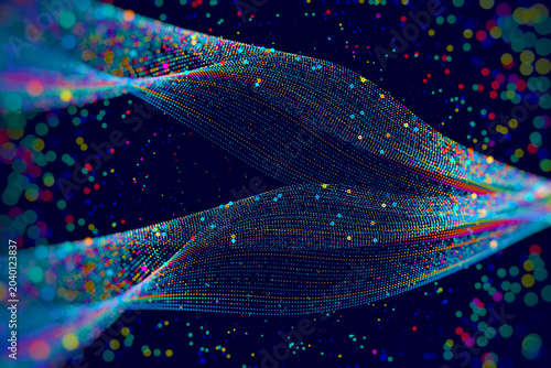 Abstract fluid data wave with colorful digital particles, big data streams and artificial intelligence structure.