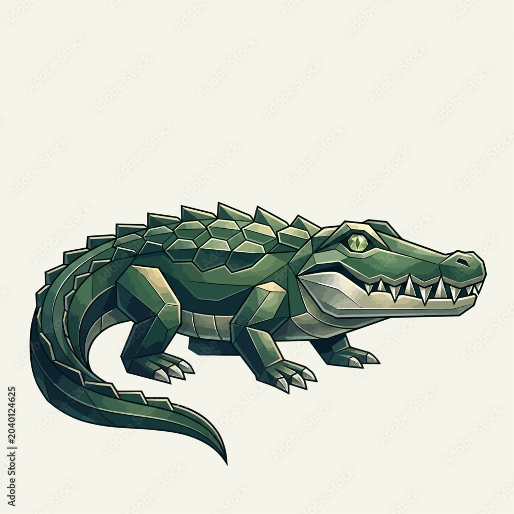 Fototapeta premium A green cartoon crocodile illustration with sharp teeth and claws stands on land.