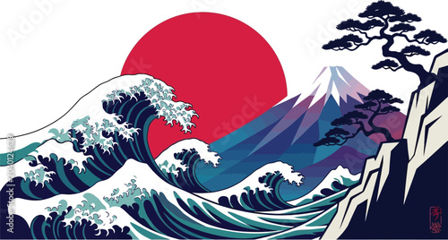  Great Wave with Mount Fuji and Red Sun Japanese Art Style Vector