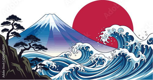  Geometric Japanese Mountain Landscape with Red Sun and Wave Pattern Vector