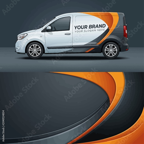 Van drives through city streets with advertisement on side panel showing vehicle