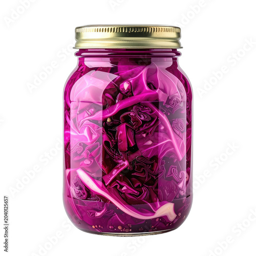 A glass jar filled with vibrant red cabbage preserved in brine, set against a stark black background.