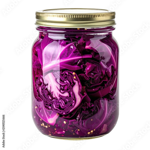 A close-up shot of a jar of vibrant red cabbage kimchi.