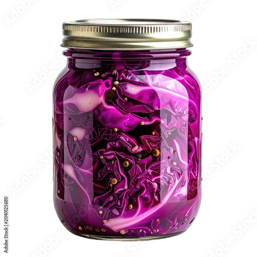 A glass jar filled with vibrant purple pickled red cabbage and spices rests against a black background.