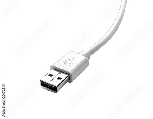 A close-up shot of a white USB cable connector against a black background.