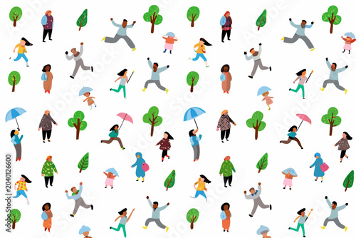 Εκτύπωση καμβά Collection Of Running And Standing People Vector Illustration With Trees