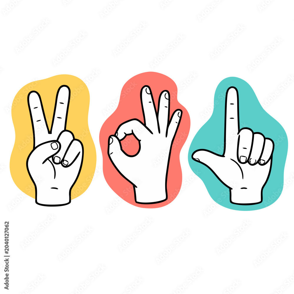 Fototapeta premium Graphic design elements showing peace sign okay gesture and finger pointing up. Vector illustrations with colorful backgrounds for creative projects.