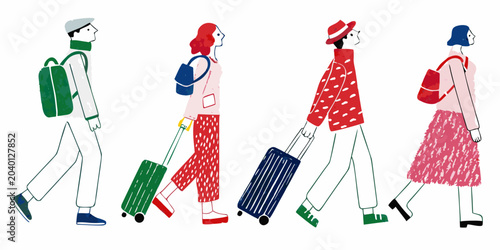 Konstfotografi Line Of Travelers With Luggage Colorful Vector Illustration
