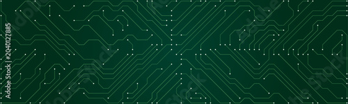 Green circuit board pattern with white dots and lines on dark green background technology electronic