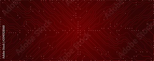 Red circuit board pattern with interconnected lines and nodes on a dark red gradient background electronic