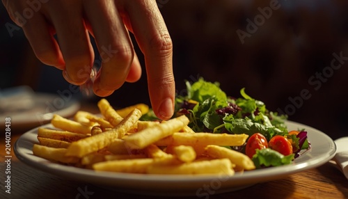 There is a plate of french fries and a salad on the table