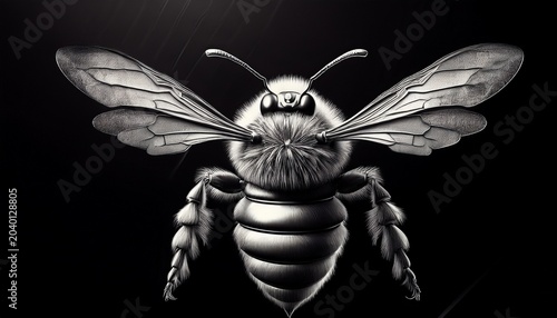 a black and white photo of a bee with wings ai