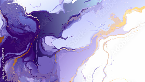 Quadro em tela Purple and gold watercolor pattern with abstract fluid shapes and marbled textur