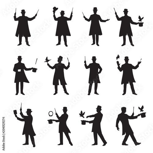 Bild auf Leinwand Magician silhouette set with 12 illusionist figures, circus performer silhouette