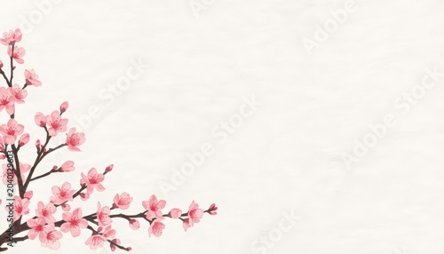 Branch of a cherry tree with pink flowers against a white background