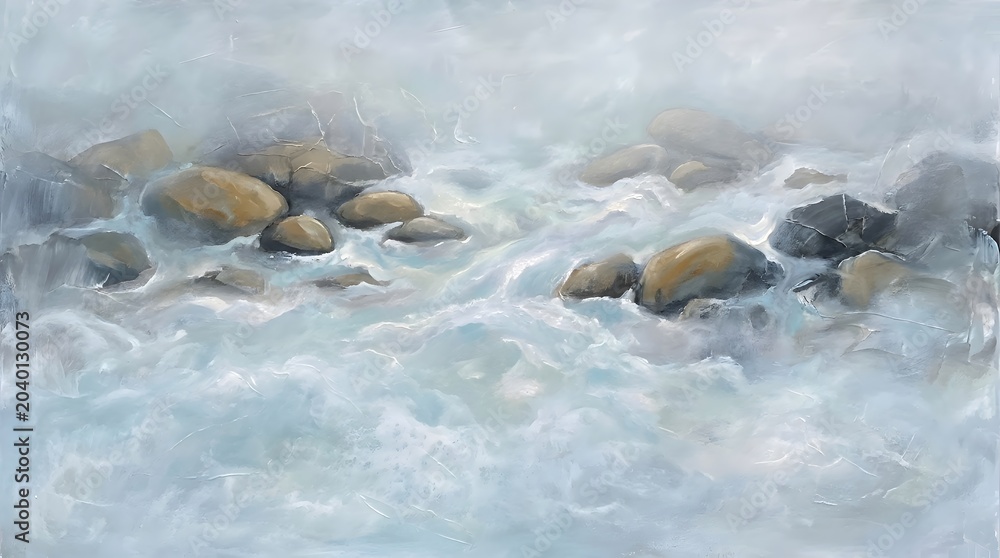 Fototapeta premium Rushing river water flowing rapidly over smooth river stones in a misty environment with soft white foam and grey pebbles for a serene nature landscape background with copy space