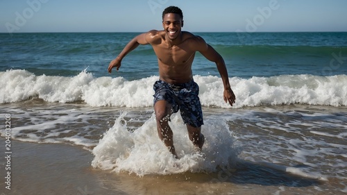 Joyful Young Man Running through Ocean Waves at a Beach on a Bright Summer Day