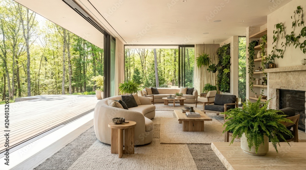 Fototapeta premium A sunlit modern living room with curved sofas and wall plants overlooking a lush forest landscape.