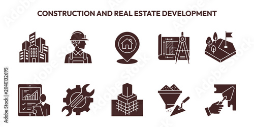 Photos Construction and real estate development line icon set containing engineering, p