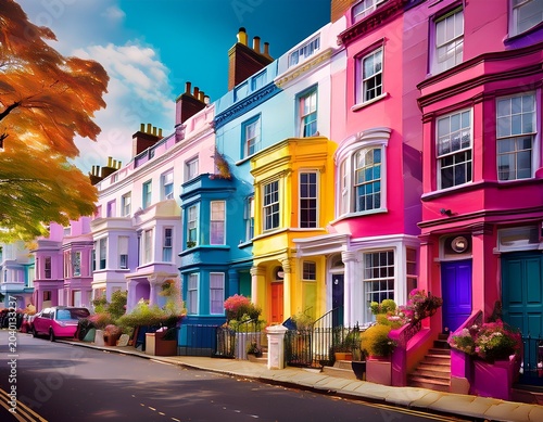 a vibrant scene in notting hill london unfolds with a row of colorful houses