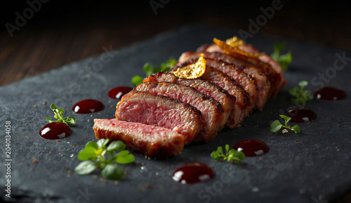 A piece of meat displayed on a black slate plate, highlighting its texture and color against the dark background.