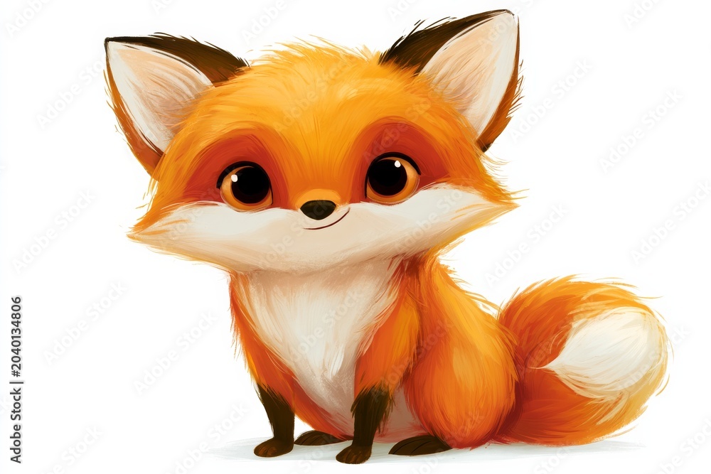 Fototapeta premium Cute fox character sits happily with big eyes and soft fur in a bright and colorful style in a digital artwork