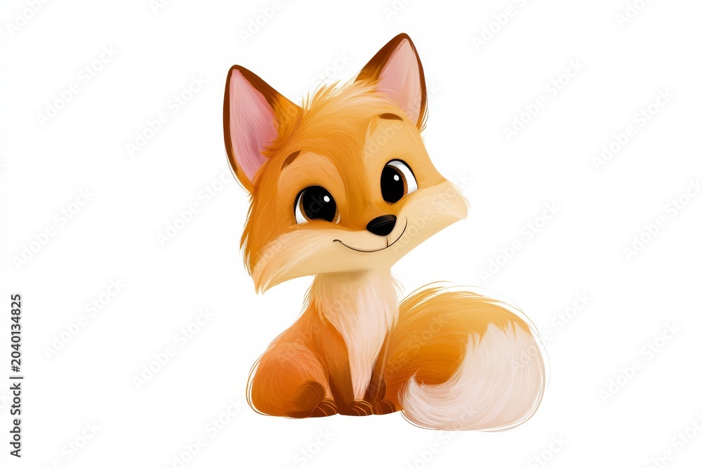 Fototapeta premium Cute fox character with big eyes and fluffy tail smiling happily while sitting on a white background