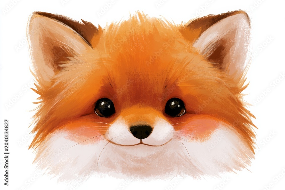 Fototapeta premium Cute fox face with big eyes and fluffy fur in bright colors on a white background during a simple drawing session