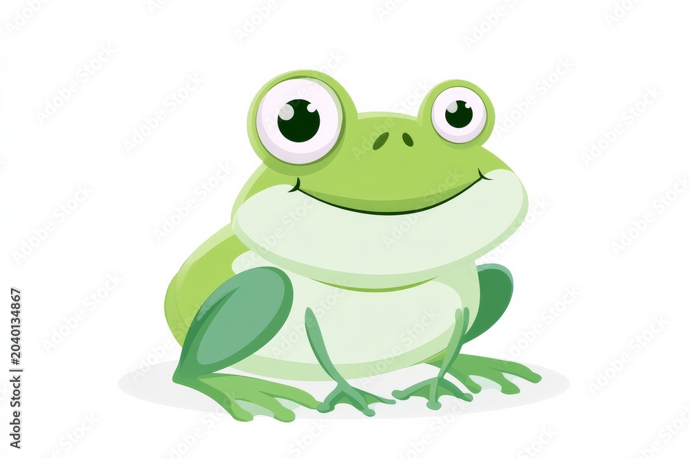 Fototapeta premium Cartoon frog sitting on a white background with a big smile during daytime