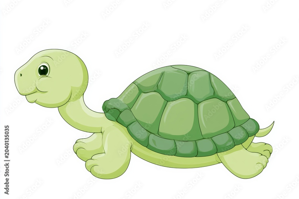 Obraz premium Cute green turtle walking on a white background in a simple cartoon style during daytime