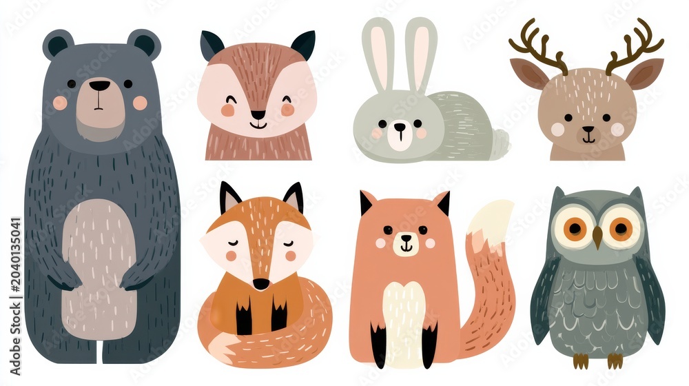 Fototapeta premium Cute animal illustrations featuring a bear, fox, rabbit, deer, and owl in a simple design on a white background for kids' decor