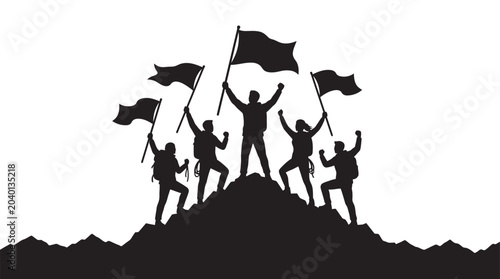 Foto People celebrating victory with flags on a mountain black silhouette