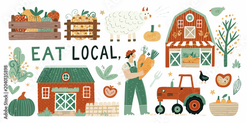 Valokuva Farm Scene Collection With Vegetables Animals And Text Vector Illustration