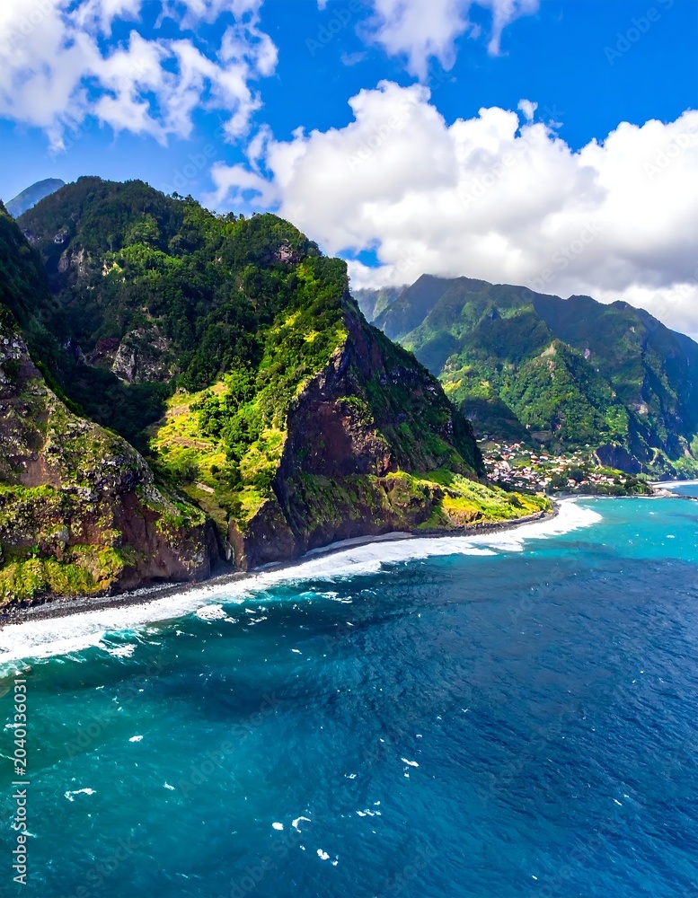 Fototapeta premium Tropical paradise beach with crystal clear water and lush greenery.