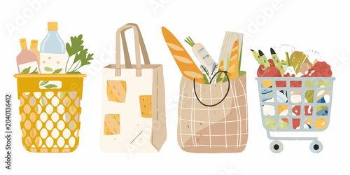 Tableau sur toile Grocery Shopping Collection A Flat Vector Illustration With Baskets And Cart